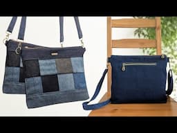 DIY Denim Patchwork Crossbody Bag With Zippered Exterior Pocket Out of Old Jeans | Bag Tutorial
