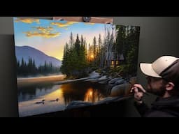Landscape Oil Painting - Calming Waters, Sunrise, Cabin, Loons