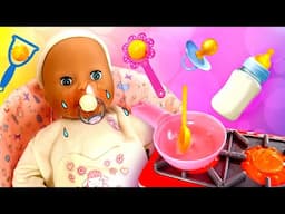 Baby Annabell doll crying! Pretend to play cooking & feeding the baby doll with toy food.
