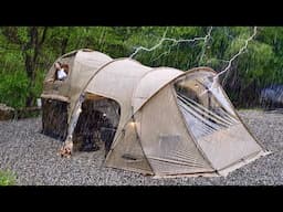 Camping in the rain in a two story luxury tent even money cant't buy . rain ASMR