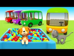 Colorful buses bring animals to the playground. Cartoons about cars and vehicles.