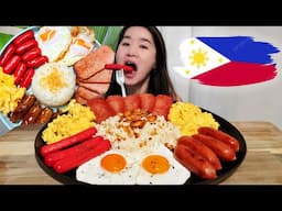 Eating The IDEAL Filipino Breakfast! Garlic Rice, Sweet Sausages, SPAM & Fried Eggs - Recipe Mukbang