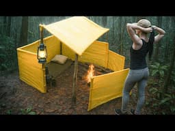 Overnight Survival in HEAVY RAIN & Building Bushcraft Shelter From Plastic