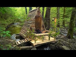 I Built a Warm Wood Cabin on the Water and Fishing in the Wood Cabin
