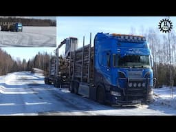 Ice road trucking with a loaded Scania R650 V8 Timbertruck