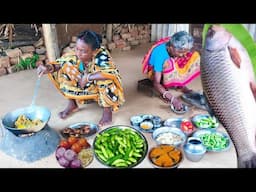 tribe mother cooking ROHU FISH CURRY And KUNDRU VAJI for their family lunch||rural life.