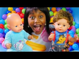 The baby boy doll lost his toy in the ball pit! Baby Annabell doll helps his friend find the toy.