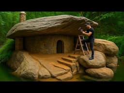 3 houses under giant rock in the forest