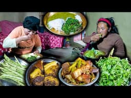 Pork Dry Meat & Green Beans recipe || Cooking & Eating in Village style || Nepali village food vlog