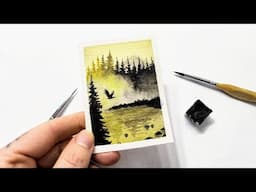 BEGINNER Watercolor mist over lake painting tutorial » How to paint a stork, mist, pine trees EASY