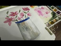 Watercolor Journal Day 210 (Pink flowers in a metal can)