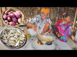 MOUROLA FISH CURRY and BRINJAL FRY recipe cooking & eating by santali tribe couple