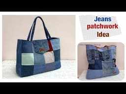 How to sew denim patchwork into tote bag tutorial,Tote bag tutorial ,jeans recycle