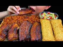 Fried Pork Belly, Spicy Fire Chicken Black Bean Noodles, Cucumber Salad * MUKBANG SOUNDS *