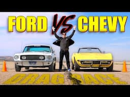 Icons DEFEATED: We Drag Race a 1968 Ford Mustang vs a Chevy Corvette And a Brand New Economy Car!