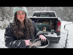 Solo Snowstorm Truck Camping (CATCH & COOK Ice Fishing)