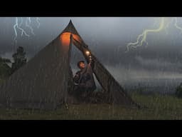(NEW TENT) HEAVY RAIN CAMPING AND LIGHTNING ON OPEN HILL- Solo Rain Camping For Relaxing