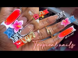 TROPICAL SUMMER NAILS 🌺💦🦓✨ BEGINNER FRIENDLY WATER NAIL DESIGN + 3D TROPICAL FLOWER 🤍 FULL TUTORIAL✨