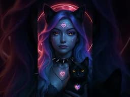 Neon witch and her glowing familiar summon spells in digital twilight.🔮✨
