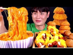 ASMR 치즈 가득 엽기분모자떡볶이😋치즈범벅 빅싸이순살치킨 바삭한 어니언링 먹방 Cheese Tteokbokki With Onion Ring Sweet Chicken MuKBang