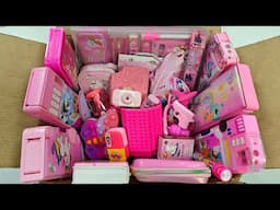 Pink Stationery Collection, pink pencil case, box full of pink Stationery Items, School Kit, Eraser