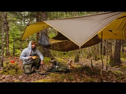 Camping In The Forest With Hammock And Tarp Shelter