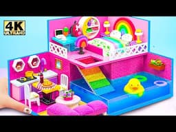 Make Super Pink Miniature House with Rainbow Bed and Pool from Cardboard 💖 DIY Miniature House