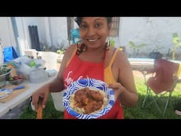 Lamb, in Homemade Marinara Sauce over Rotelle pasta recipe. 1st Cook in Marathon Key Backyard.