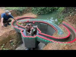 Building a mini curved hydroelectric dam with unique turbines