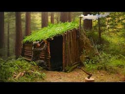 Building A Bushcraft Survival Shelter Under A Tree Root With A Bed And Wood Stove, Using Hand Tools