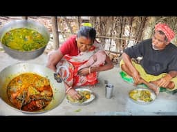 How they cooking and eating FISH CURRY & SHAK CURRY by santali tribe old couple