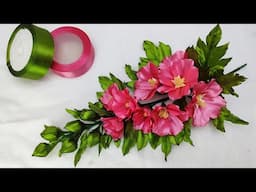 DIY ribbon flower/how to make hollyhock flower with satin ribbon