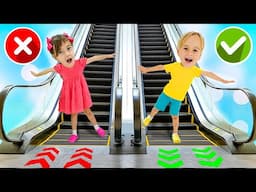 Aventura no shopping com escada rolante - Crianças aprendem as regras de segurança do shopping