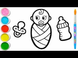 Mari Menggambar Bayi Perempuan, Dot, Botol Susu, Mainan Kerincingan, Kereta Dorong Bersama 👶🏻🍼 #386