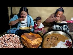 Pork Dry Meat & Beans mix curry recipe Cooking & Eating in Village style | Nepali village food vlog