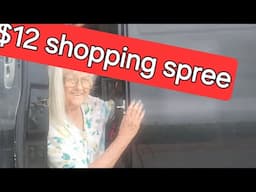 Cooking inside the van after a $12 shopping spree. Frugal shopping with variety in mind