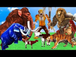 5 Giant Mammoth Elephant Cow Vs Giant Spear Lion Vs 5 Giant Lion Tiger Cub Saved By Woolly Mammoth