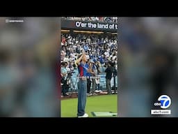 Singer Nezza performs national anthem in Spanish at Dodger Stadium