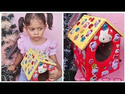 3 year old baby making DIY Hello kitty Bird house / My Daughter's first craft