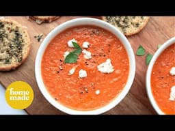 Delicious Roasted Tomato Soup with Herby Crunchy Grilled Cheese Bites Recipe