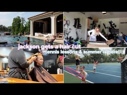 Jackson cuts all his hair off!😱 + kids tennis lessons & fun summer night!
