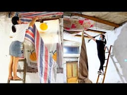 Beautiful girl living with her dad in a dirty house, cleaning and remodeling her place