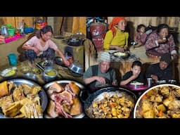 Village style Pork Fry Recipe & Rice cooking & eating with Neighbors || New Nepali village food vlog