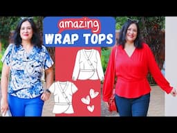 AMAZING wrap tops. Buttons & higher neckline GOLD. Mauritius (Itch to Stitch). PLEATED sleeve HEM.