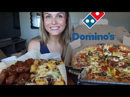 Huge Domino’s Pizza Mukbang (NEW stuffed crust, pizza, loaded tots, and wings)