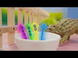 Amazing Dinosaurs  playing with surprise toys!  | GREEN BLUE RED | Colorful Volcano Adventure
