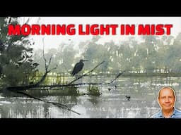 Misty morning light over river step by step watercolor tutorial. Watercolour painting lesson.