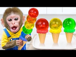 KiKi Monkey explore Rainbow Ice Cream Jelly in Car Toy and play with Duck at pool | KUDO ANIMAL KIKI