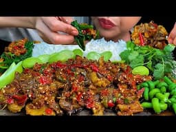 EATING GREEN VEGGIES\\Thai BBQ Pork Skewers & Spicy Chili Paste, Stink Bean * MUKBANG SOUNDS *