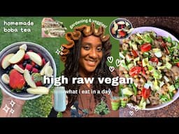 HIGH RAW VEGAN🌱🫐 what I eat in a day, matcha boba tea, chickpea croutons | de-stress series ep. 002